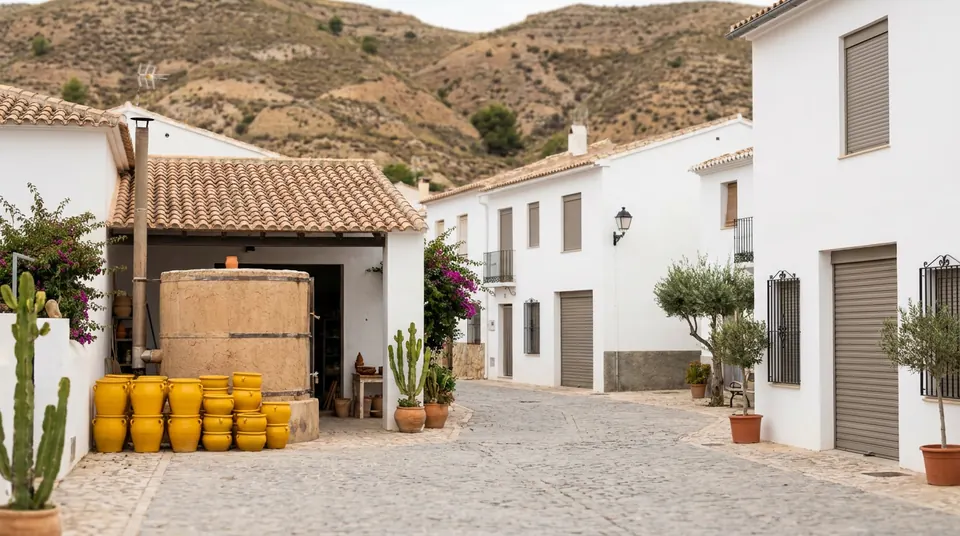 Calle empedrada con cántaros de barro junto a casas blancas con persianas