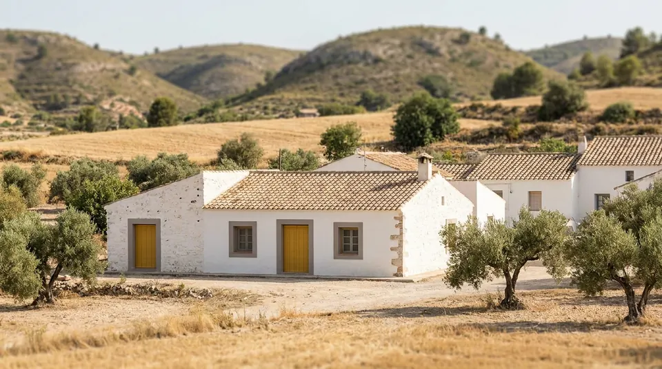 Casas de campo blancas entre olivos, con las lomas al fondo