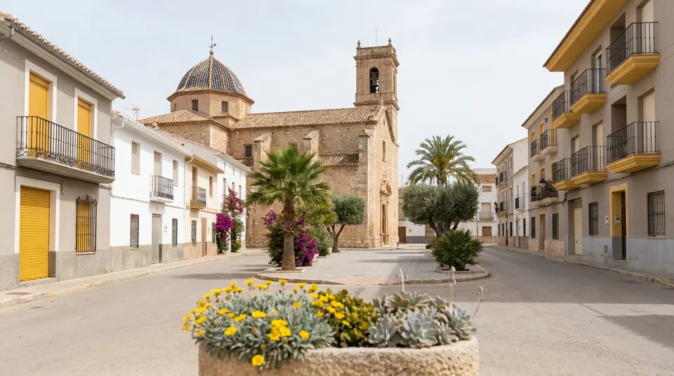 Plaza con iglesia y fachadas con balcones y persianas